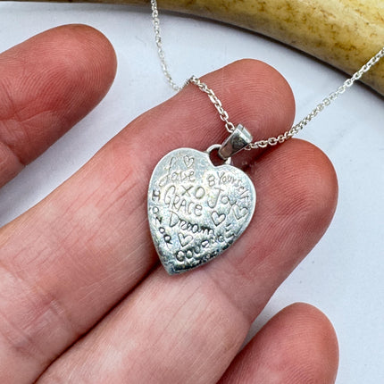 Vintage Heart 925 Sterling Silver Chain Necklace Engraved Inspirational Words