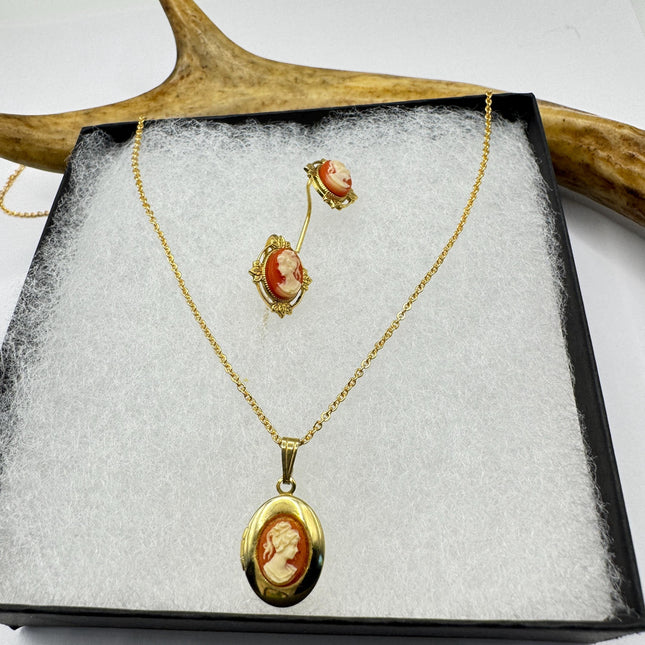 Vintage Cameo Locket Jewelry Set Necklace and Earrings