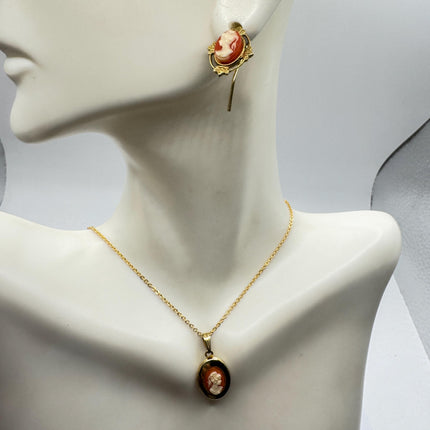 Vintage Cameo Locket Jewelry Set Necklace and Earrings