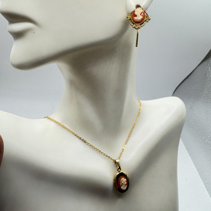 Vintage Cameo Locket Jewelry Set Necklace and Earrings