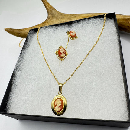 Vintage Cameo Locket Jewelry Set Necklace and Earrings