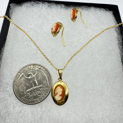 Vintage Cameo Locket Jewelry Set Necklace and Earrings