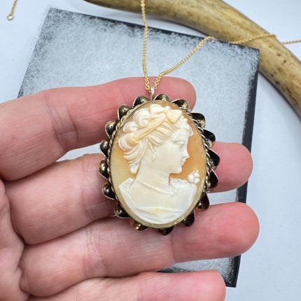 Vintage Cameo Pendant Necklace: Gold Filled Charm with Matching Chain Pin Brooch