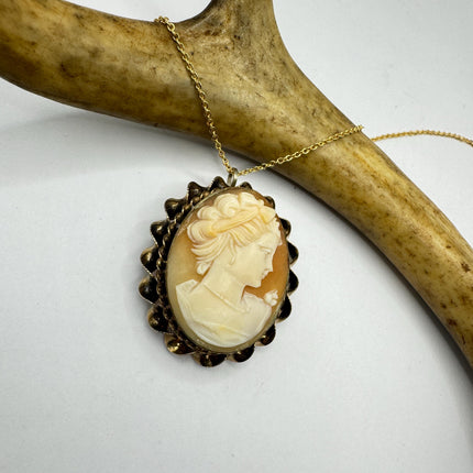 Vintage Cameo Pendant Necklace: Gold Filled Charm with Matching Chain Pin Brooch