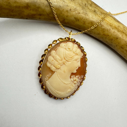 Vintage Cameo Pendant Necklace: Gold Filled Charm with Matching Chain Pin Brooch