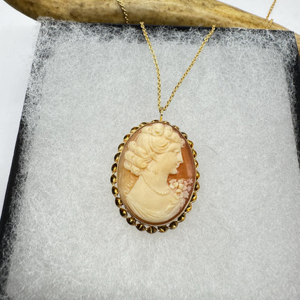 Vintage Cameo Pendant Necklace: Gold Filled Charm with Matching Chain Pin Brooch