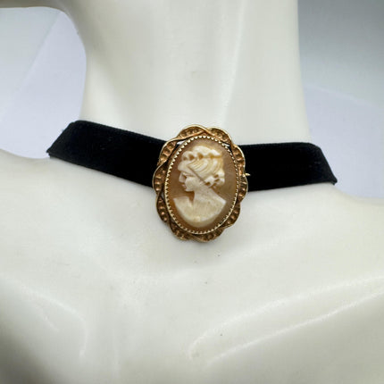 Vintage Carved Shell Cameo Brooch Pin: Gold Filled, Black Velvet Choker