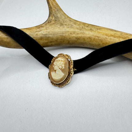 Vintage Carved Shell Cameo Brooch Pin: Gold Filled, Black Velvet Choker