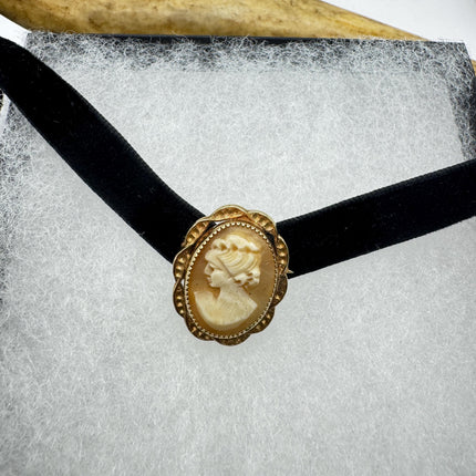 Vintage Carved Shell Cameo Brooch Pin: Gold Filled, Black Velvet Choker