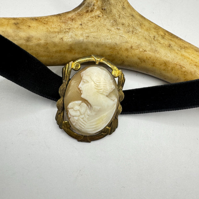 Vintage Carved Shell Cameo Brooch Pin: Gold Filled, Black Velvet Choker