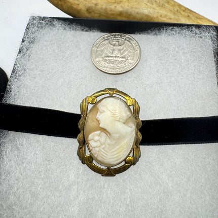 Vintage Carved Shell Cameo Brooch Pin: Gold Filled, Black Velvet Choker