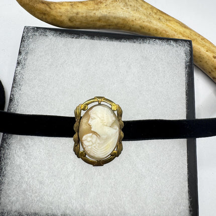 Vintage Carved Shell Cameo Brooch Pin: Gold Filled, Black Velvet Choker