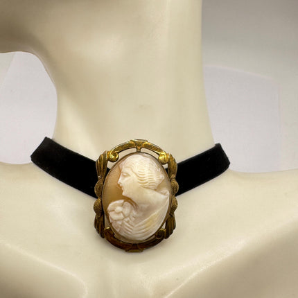 Vintage Carved Shell Cameo Brooch Pin: Gold Filled, Black Velvet Choker