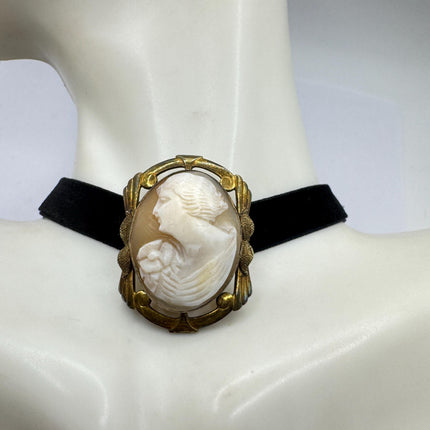 Vintage Carved Shell Cameo Brooch Pin: Gold Filled, Black Velvet Choker