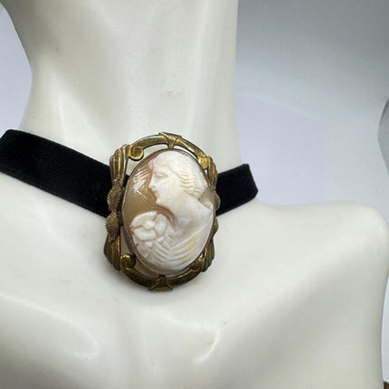 Vintage Carved Shell Cameo Brooch Pin: Gold Filled, Black Velvet Choker