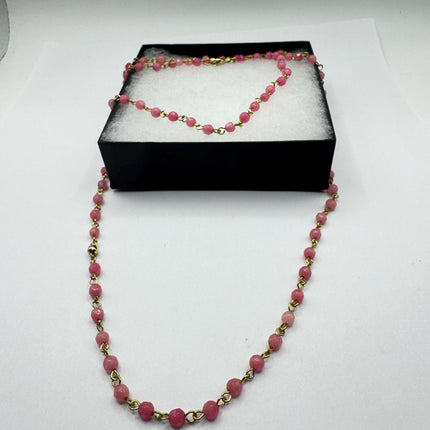 Vintage Rose Cherry Quartz Gold Filled Beaded Necklace: Minimalist Gemstone Jumprope Style