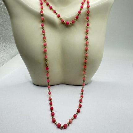 Vintage Rose Cherry Quartz Gold Filled Beaded Necklace: Minimalist Gemstone Jumprope Style