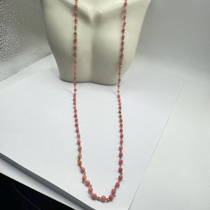 Vintage Rose Cherry Quartz Gold Filled Beaded Necklace: Minimalist Gemstone Jumprope Style