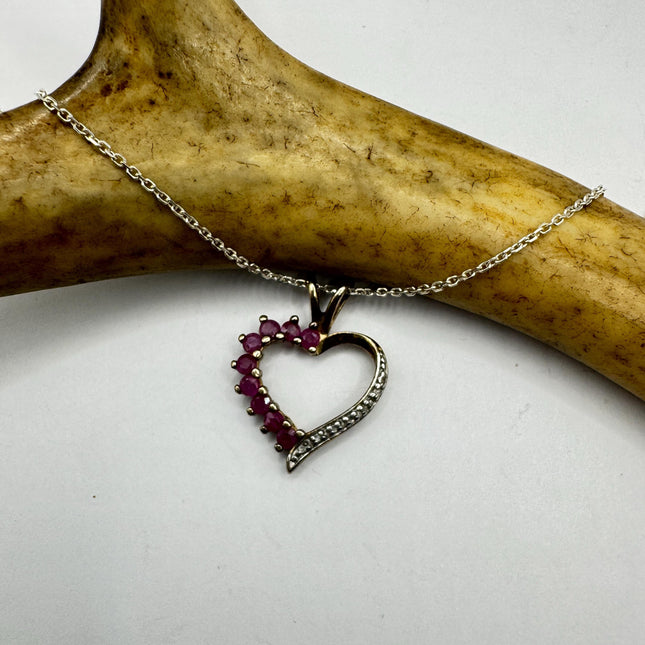 Vintage Ruby and Diamond Heart Necklace: Dainty Gold Sterling Silver Chain