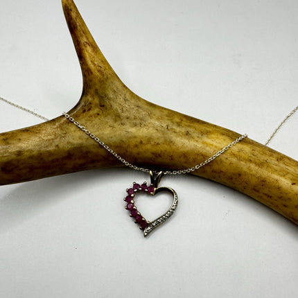 Vintage Ruby and Diamond Heart Necklace: Dainty Gold Sterling Silver Chain