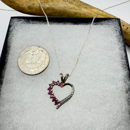 Vintage Ruby and Diamond Heart Necklace: Dainty Gold Sterling Silver Chain