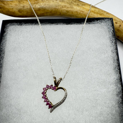 Vintage Ruby and Diamond Heart Necklace: Dainty Gold Sterling Silver Chain
