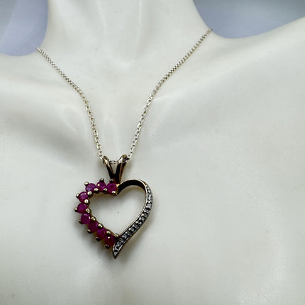Vintage Ruby and Diamond Heart Necklace: Dainty Gold Sterling Silver Chain