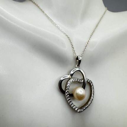Vintage Pearl Heart White Sapphire Necklace - Dainty 925 Sterling Silver Chain, Delicate Design