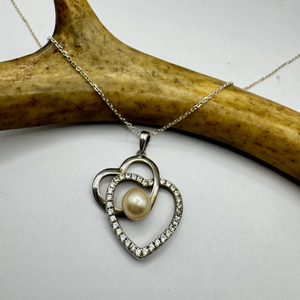 Vintage Pearl Heart White Sapphire Necklace - Dainty 925 Sterling Silver Chain, Delicate Design