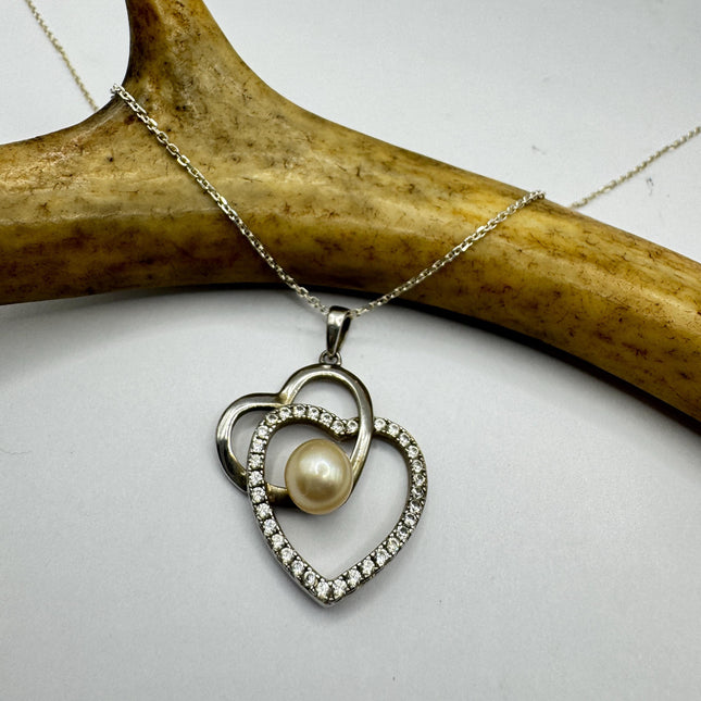 Vintage Pearl Heart White Sapphire Necklace - Dainty 925 Sterling Silver Chain, Delicate Design