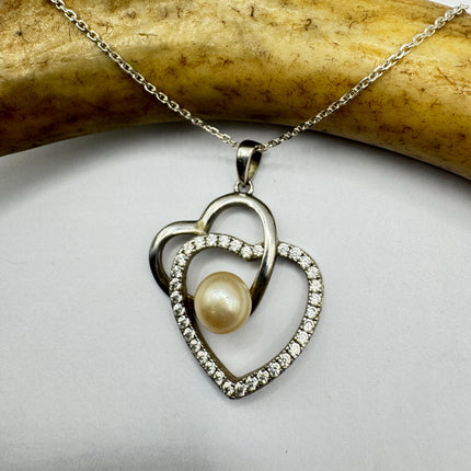 Vintage Pearl Heart White Sapphire Necklace - Dainty 925 Sterling Silver Chain, Delicate Design