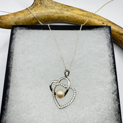 Vintage Pearl Heart White Sapphire Necklace - Dainty 925 Sterling Silver Chain, Delicate Design