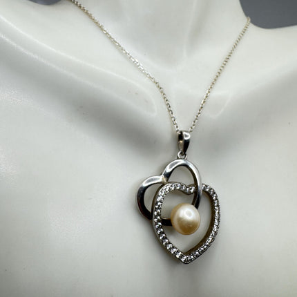 Vintage Pearl Heart White Sapphire Necklace - Dainty 925 Sterling Silver Chain, Delicate Design