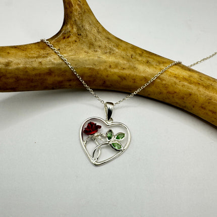 Vintage Red Rose Heart 925 Sterling Silver Chain Necklace