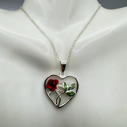Vintage Red Rose Heart 925 Sterling Silver Chain Necklace