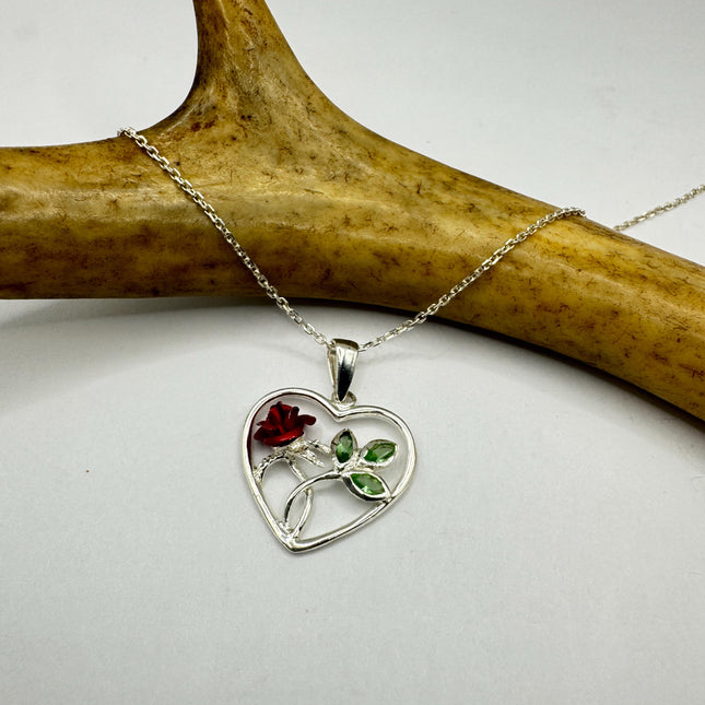 Vintage Red Rose Heart 925 Sterling Silver Chain Necklace