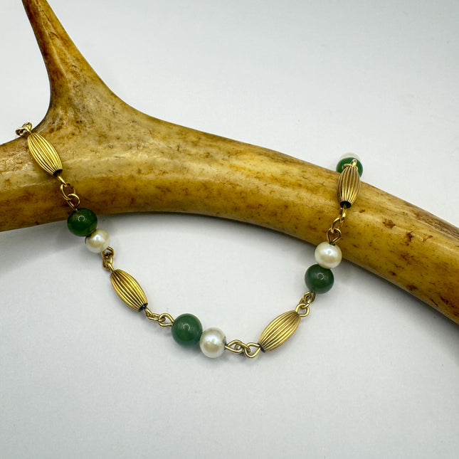 Vintage Green Jade Gold Filled Bracelet - Minimal Everyday Layered Stacking - Dainty Simple Design