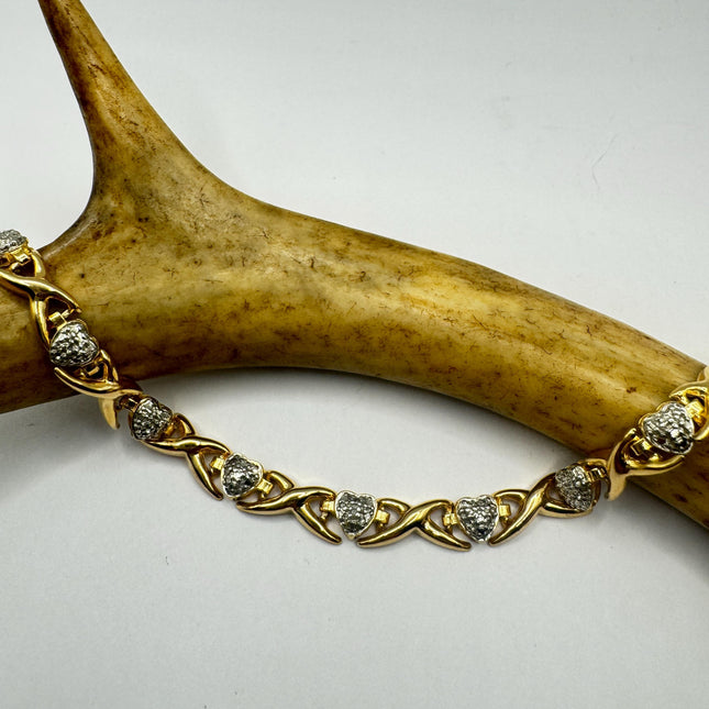 Vintage Diamond Chip Heart Tennis Bracelet: Golden Sterling Silver XO Jewelry