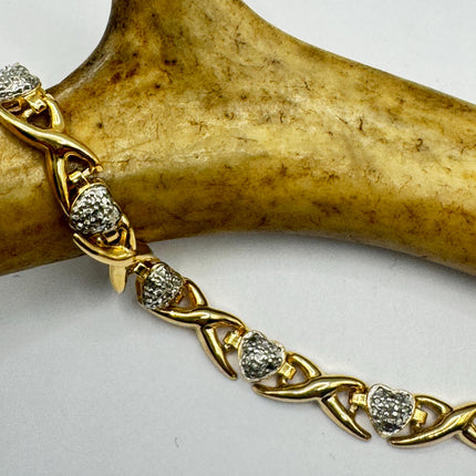 Vintage Diamond Chip Heart Tennis Bracelet: Golden Sterling Silver XO Jewelry