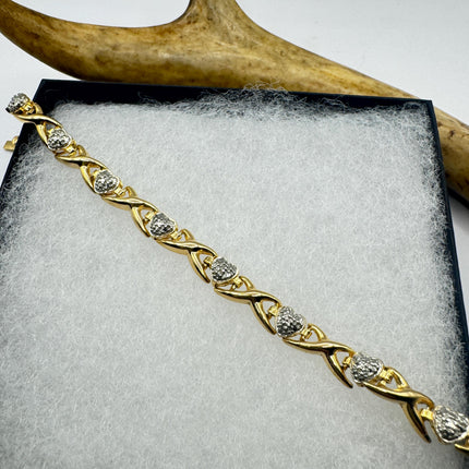 Vintage Diamond Chip Heart Tennis Bracelet: Golden Sterling Silver XO Jewelry