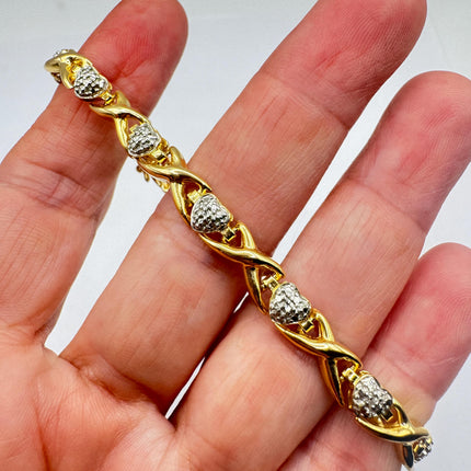 Vintage Diamond Chip Heart Tennis Bracelet: Golden Sterling Silver XO Jewelry