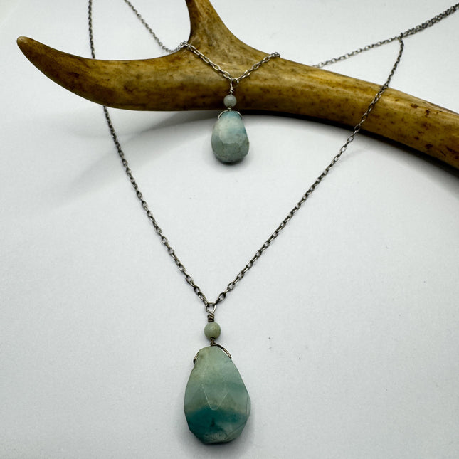 Vintage Sterling Silver Double Green Amazonite Y Necklace Layered Stacking