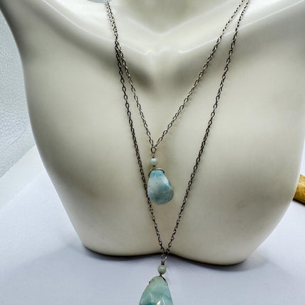 Vintage Sterling Silver Double Green Amazonite Y Necklace Layered Stacking