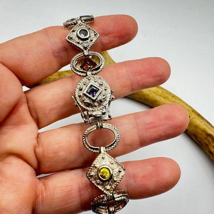 Vintage Mixed Gemstone Tennis Bracelet | Sterling Silver, Citrine, Amethyst, Peridot, Garnet