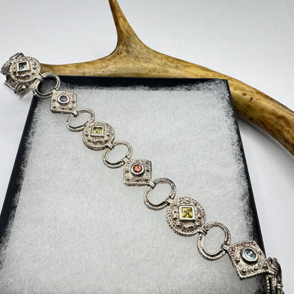 Vintage Mixed Gemstone Tennis Bracelet | Sterling Silver, Citrine, Amethyst, Peridot, Garnet
