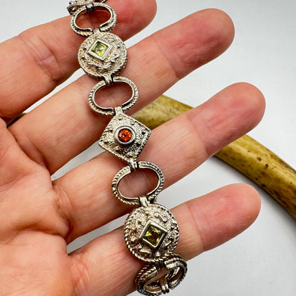 Vintage Mixed Gemstone Tennis Bracelet | Sterling Silver, Citrine, Amethyst, Peridot, Garnet