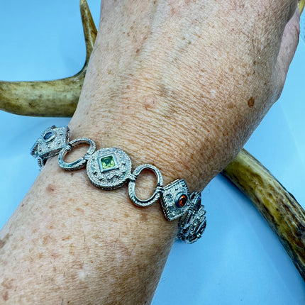 Vintage Mixed Gemstone Tennis Bracelet | Sterling Silver, Citrine, Amethyst, Peridot, Garnet