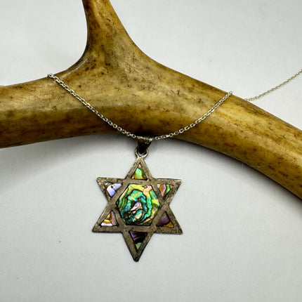 Vintage Sterling Silver Abalone Star of David Pendant Necklace: Etched Jewish Star