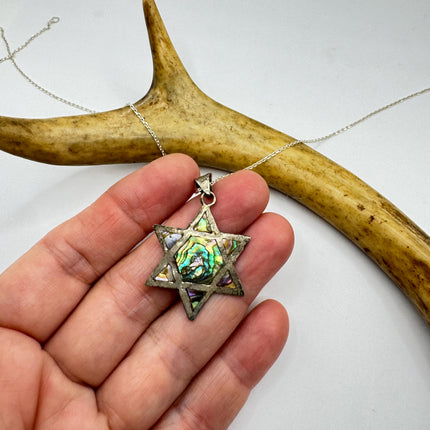 Vintage Sterling Silver Abalone Star of David Pendant Necklace: Etched Jewish Star