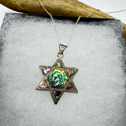 Vintage Sterling Silver Abalone Star of David Pendant Necklace: Etched Jewish Star